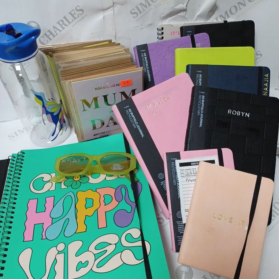 APPROXIMATELY 7 COTTON ON ITEMS INCLUDING 7 A5 AND 4 A4 NOTYEBOOKS AND PLANNERS, CARDS FOR SEVERAL OCCASIONS, SUNGLASSES AND LARGE WATER BOTTLE