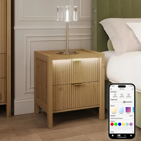 BOXED XR LIVING DAKOTA BEDSIDE TABLE WITH TWO DRAWERS AND APP CONTROLLED LED LIGHTS - WILD OAK (1 BOX)
