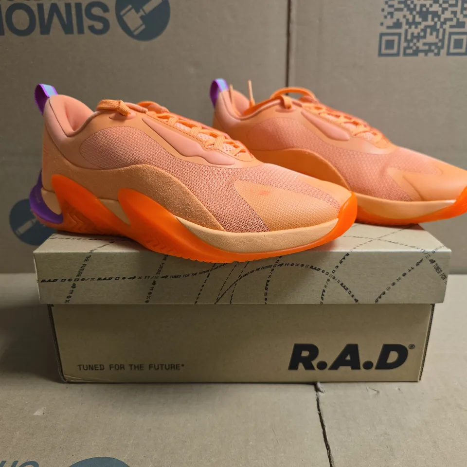 BOXED PAIR OF R.A.D ONE V2 TRAINERS IN CADMIUM ORANGE/VIVID FUCHSIA SIZE UK 6