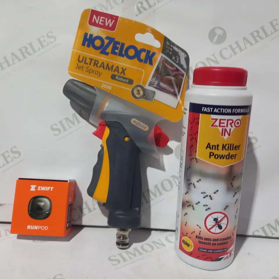 LOT OF APPROXIMATELY 10 ASSORTED HOUSEHOLD ITEMS TO INCLUDE ZERO IN ANT KILLER POWDER, HOZELOCK ULTRAMAX JET SPRAY, ZWIFT RUN PRO, ETC