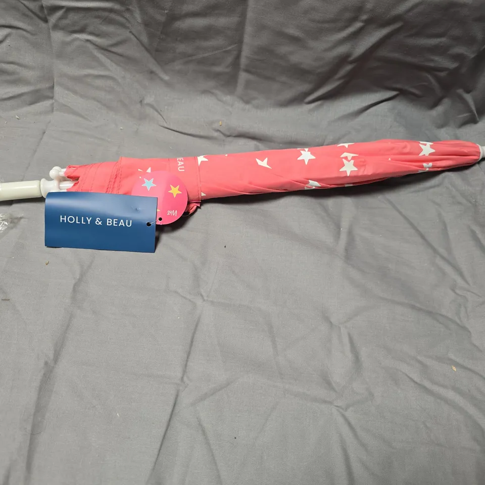 HOLLY & BEAU CHILDREN'S PINK UMBRELLA WITH WHITE STARS APPROXIMATELY 5 PCS 