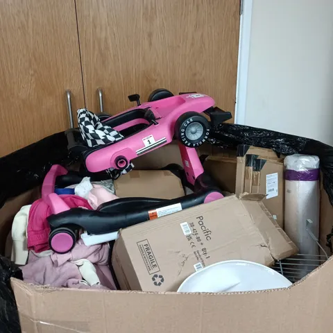 PALLET TO CONTAIN A LARGE AMOUNT OF HOUSEHOLD ITEMS TO INCLUDE CLOTHING, BOOKS ETC