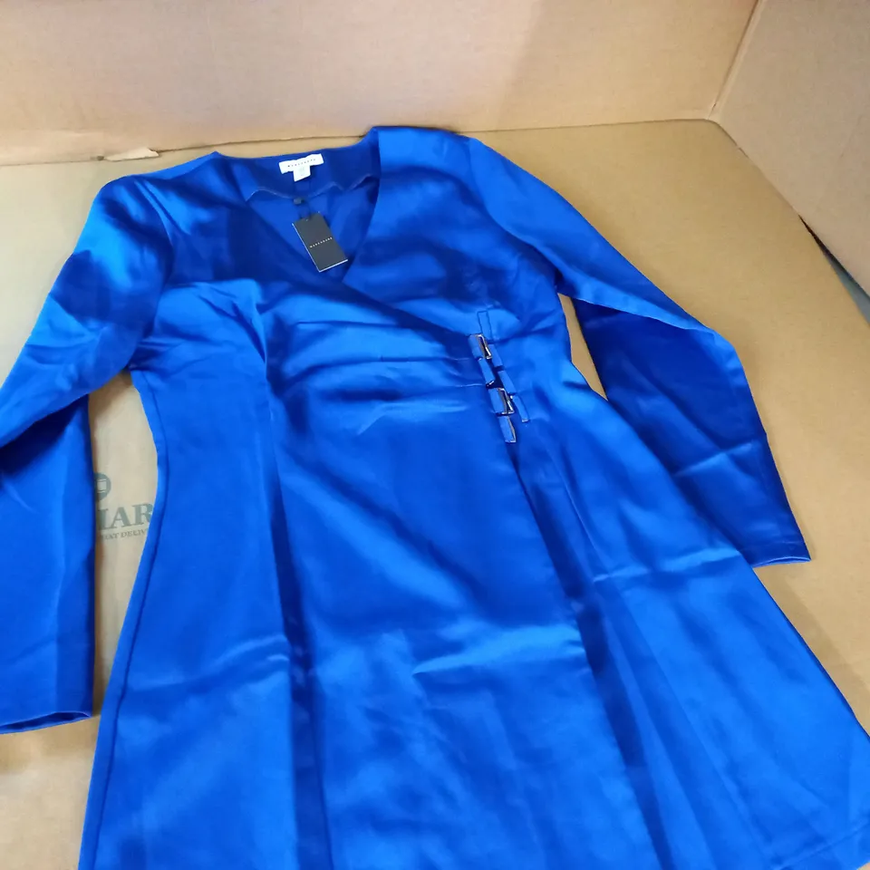 WAREHOUSE SATIN WRAP BUCKLE DETAIL MINI DRESS IN BLUE - 12