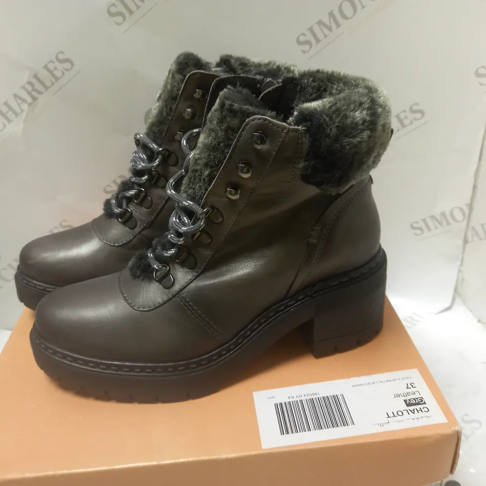 BOXED CHALLOT GREY LEATHER ANKLE BOOTS - SIZE 4