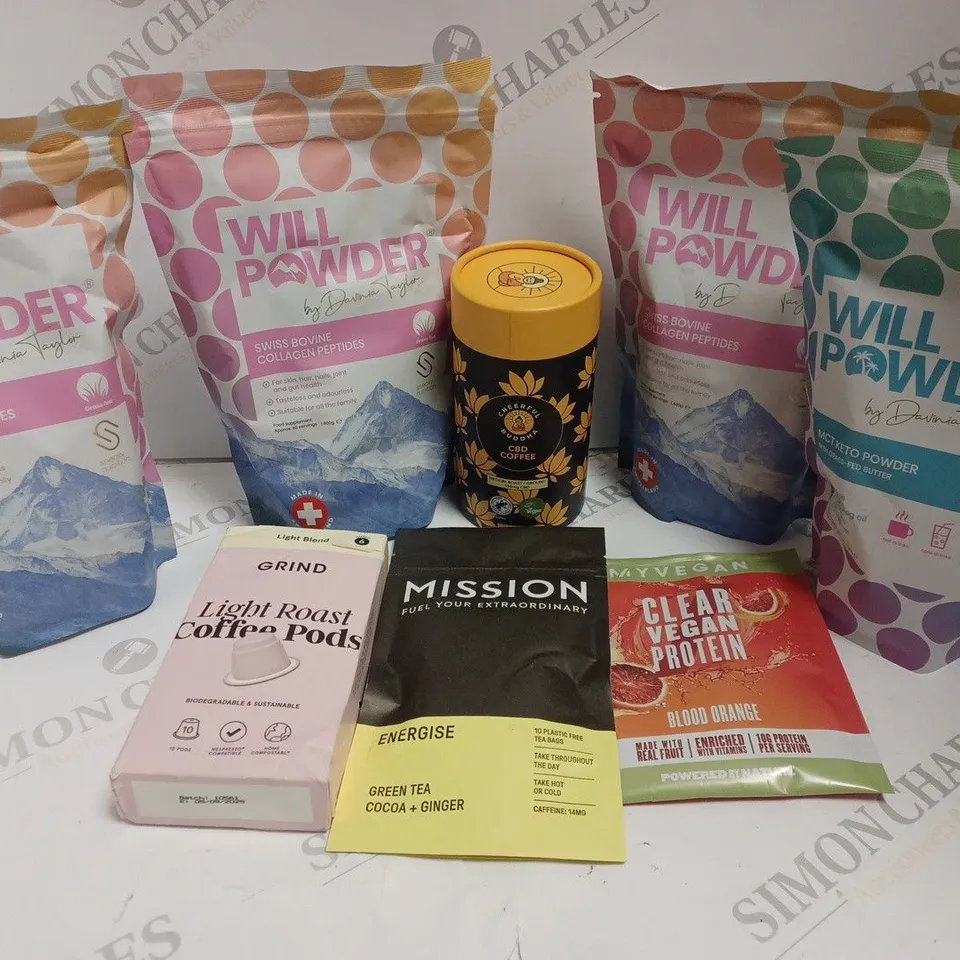 APPROXIMATELY 8 ASSORTED FOOD PRODUCTS TO INCLUDE WILL POWDER COLLAGEN PEPTIDES, GRIND COFFEE PODS, MY VEGAN CLEAR PROTEIN ETC