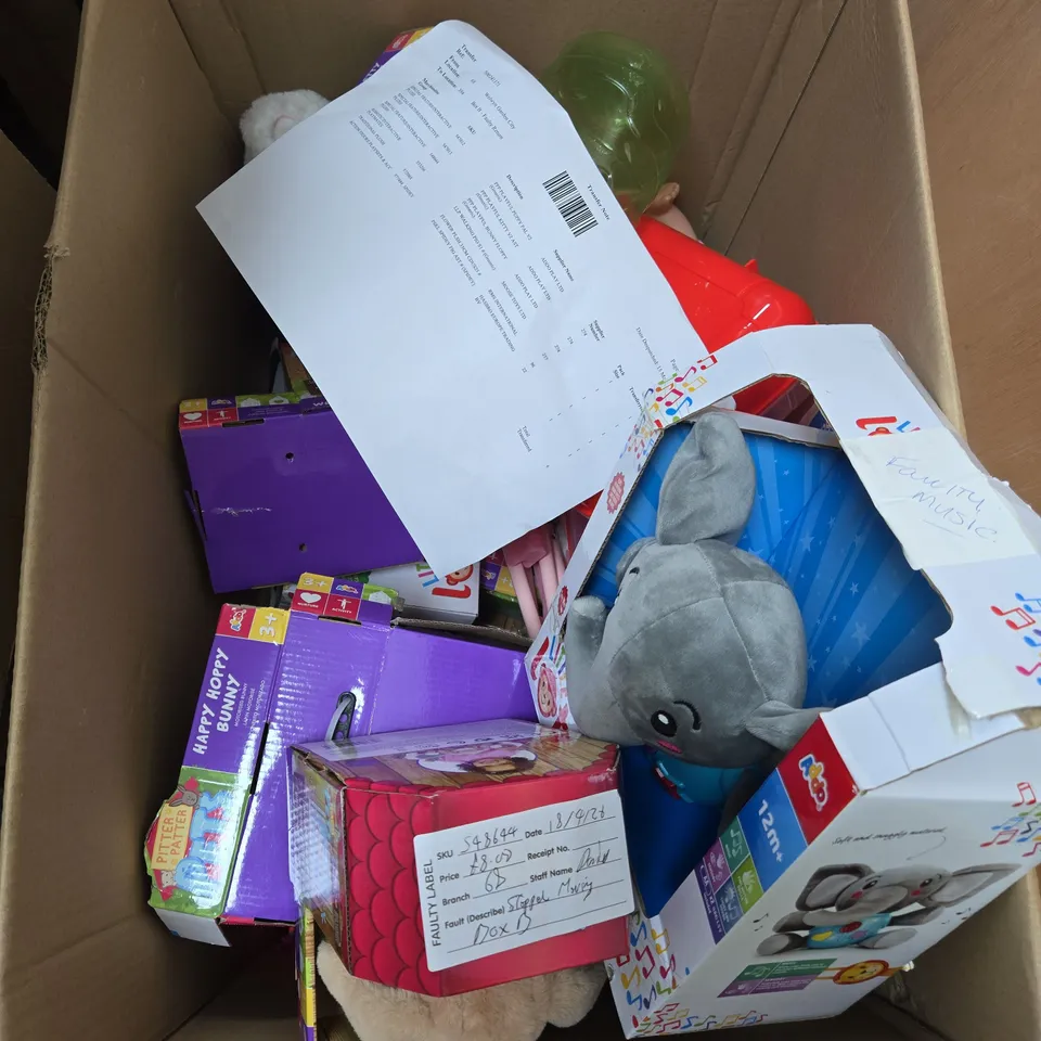 BOX OF APPROXIMATELY 10 ASSORTED TOYS INCLUDING PITTER PATTER PETS TEENY WEENY BUNNY, HAPPY HOPPY BUNNY AND LITTLE LOT MUSICAL ELEPHANT
