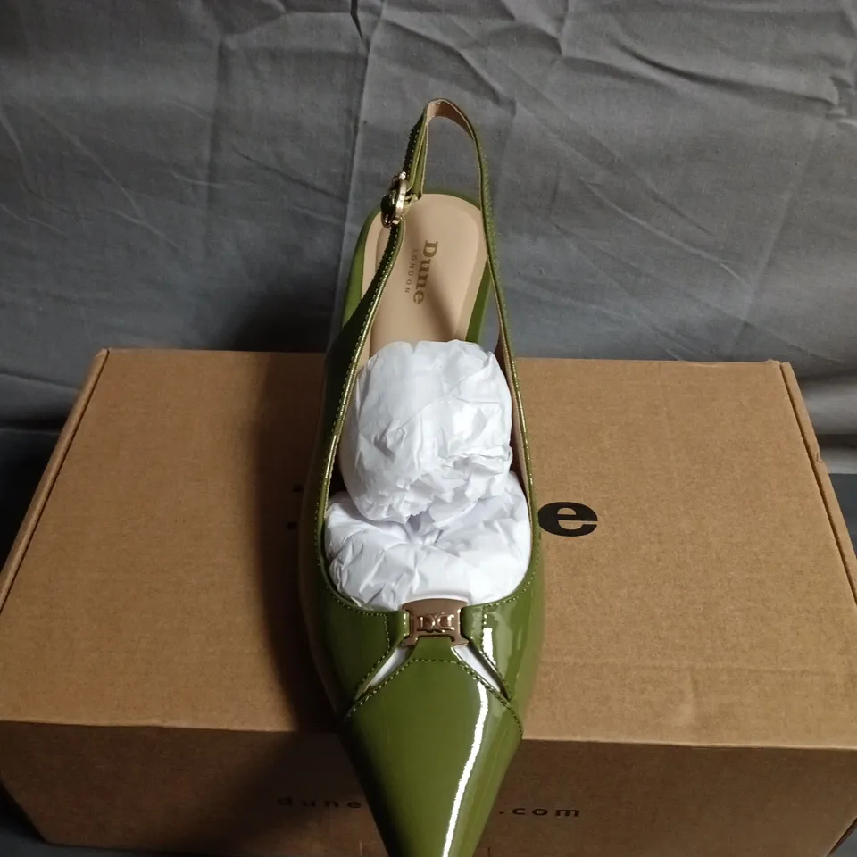 BOXED PAIR OF DUNE LONDON GREEN PATENT SLINGBACK SHOES - UK SIZE 5