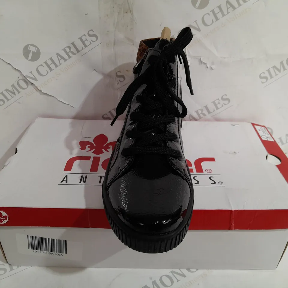 BOXED PAIR OF RIEKER HI TOP TRAINERS WITH CUFF IN BLACK UK SIZE 6.5