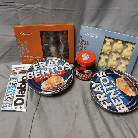 APPROXIMATELY 12 ASSORTED FOOD & DRINK ITEMS TO INCLUDE FRAY BENTOS PIE, HOTEL CHOCOLAT THE SLEIGH TEAM, BOVRIL PASTE, ETC 