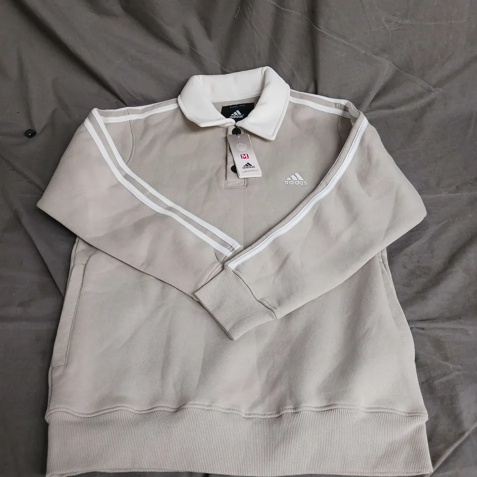ADIDAS 3 STRIPE COLLARED JUMPER IN STONE GREY SIZE M
