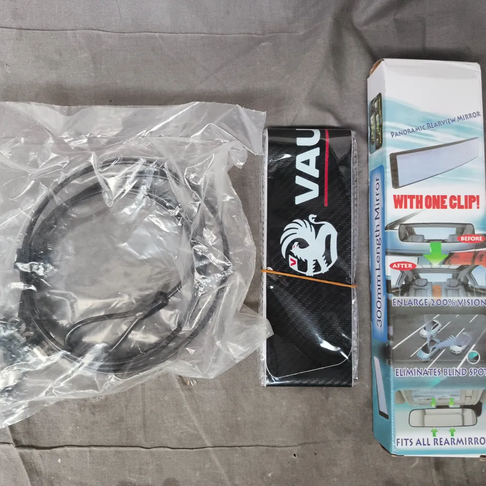 APPROXIMATELY 5 ASSORTED ITEMS TO INCLUDE PANORAMIC REAR VIEW MIRROR, ETC