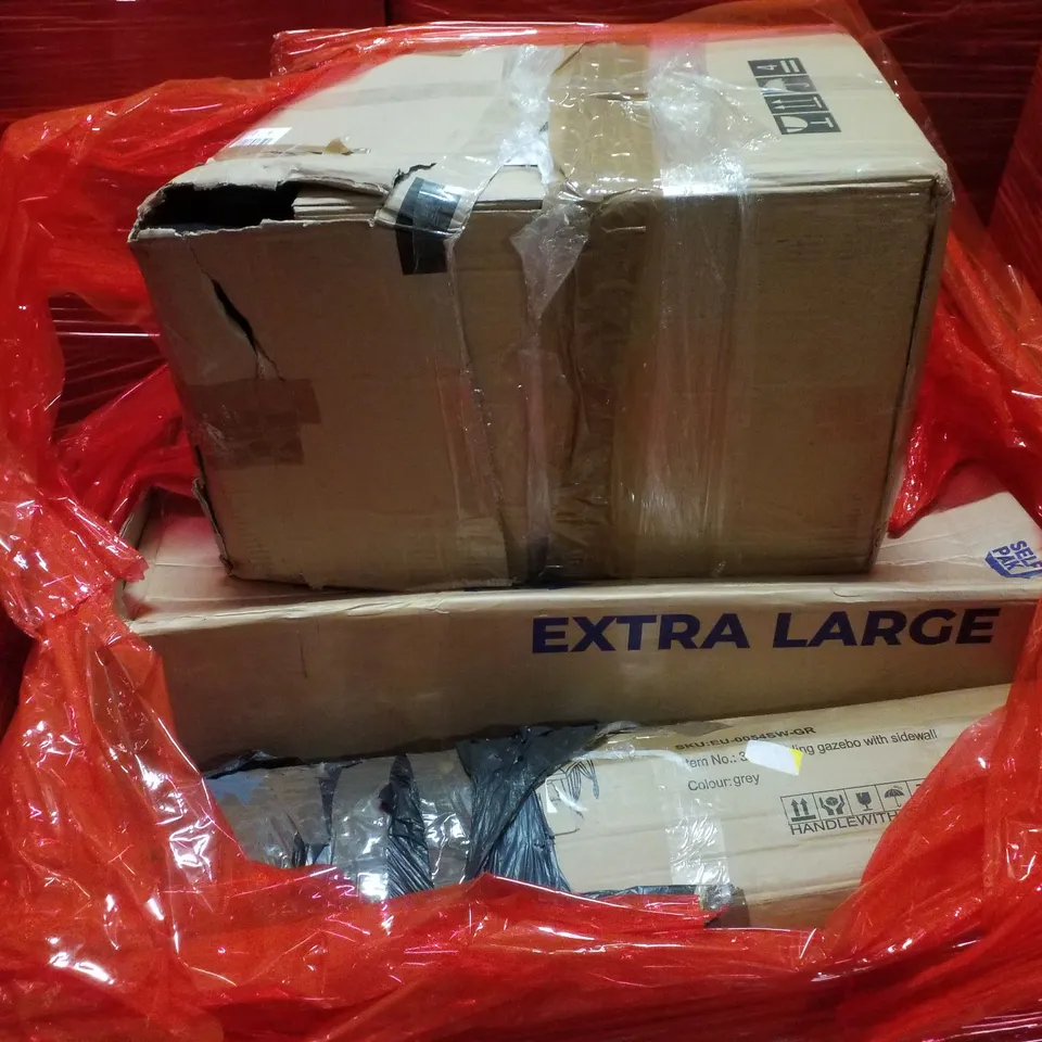PALLET CONTAINING ASSORTED PRODUCTS INCLUDING 3×3M FOLDING GAZEBOS WITH SIDEWALL