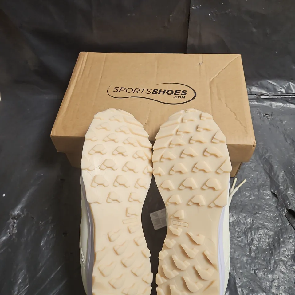 ADIDAS RUNNING SHOES – WHITE/OFF-WHITE WITH YELLOW 3-STRIPES UK SIZE 9