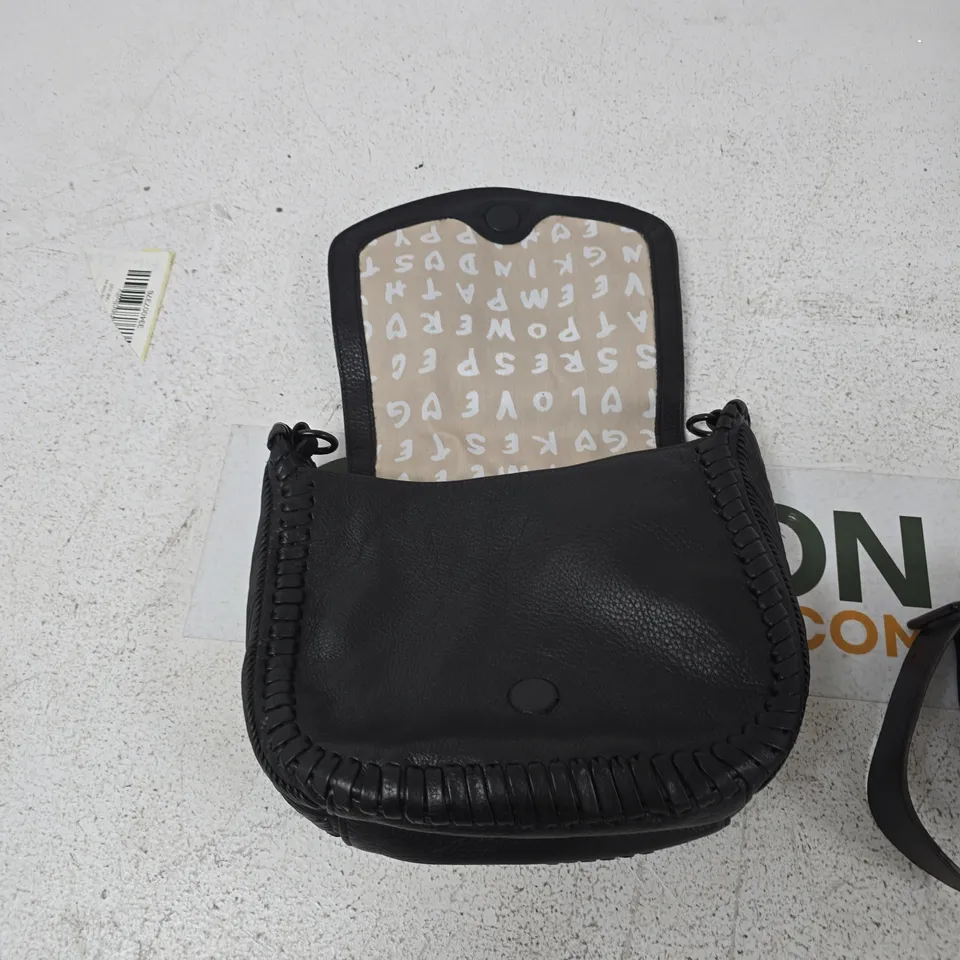 AIMEE KESTENBERG BLACK LEATHER CROSSBODY BAG WITH WOVEN EDGE TRIM