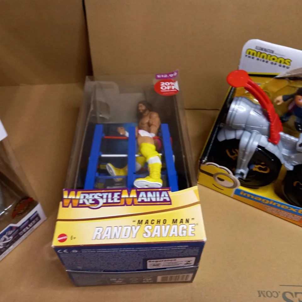 LOT OF APPROX 4 ASSORTED TOY RELATED ITEMS TO INCLUDE: MARVEL POP, RANDY SAVAGE FIGURE, MINIONS 