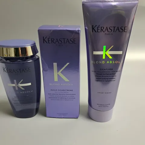 LOT OF 3 KERASTASE PARIS BLOND ABSOLU HAIR CARE ITEMS TO INCLUDE STRENGTHENING OIL AND FORTIFYING TREATMENT