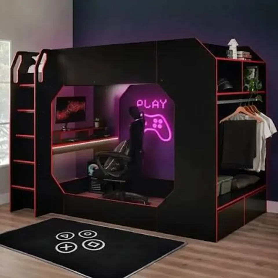 BOXED FLAIR RECOIL BOSS POD SMALL DOUBLE GAMING HIGH SLEEPER BED WITH DESK AND STORAGE - BLACK WITH RED TRIM (4 BOXES)