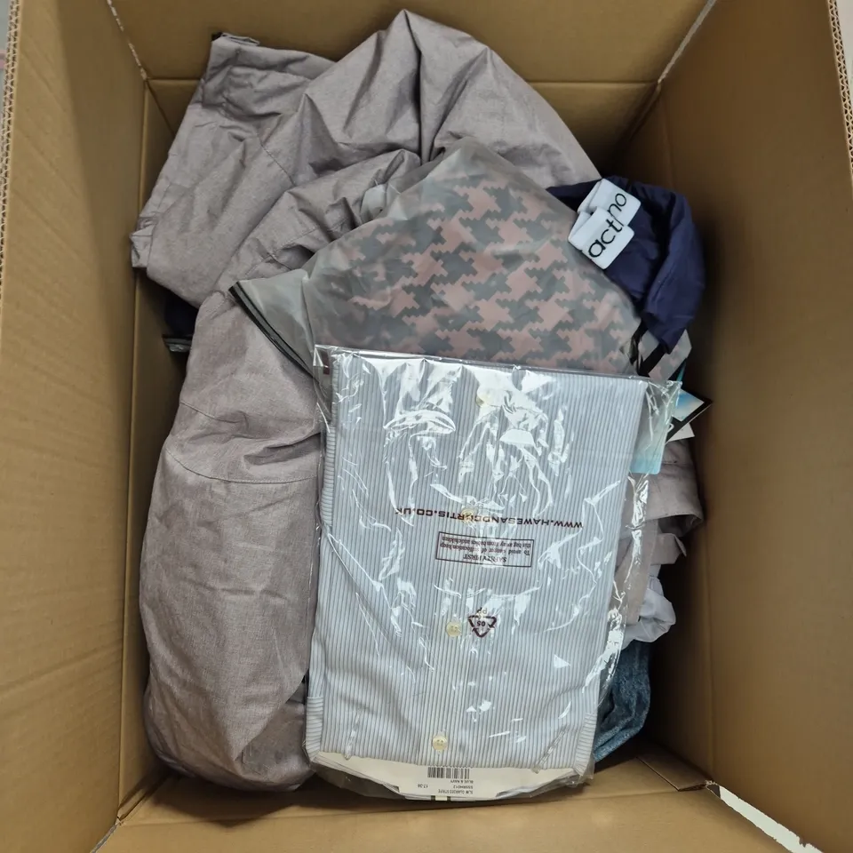 LARGE BOX OF ASSORTED CLOTHING ITEMS IN VARIOUS SIZES, STYLES AND COLOUR 