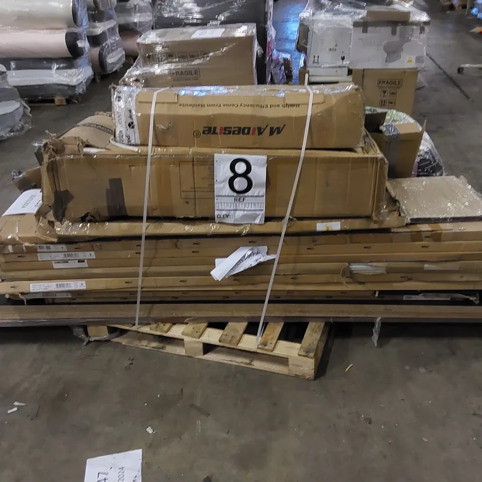 PALLET TO CONTAIN ASSORTED HOUSEHOLD ITEMS. INCLUDES WORKTOPS, SHOWER SCREEN, WARDROBE PARTS ETC