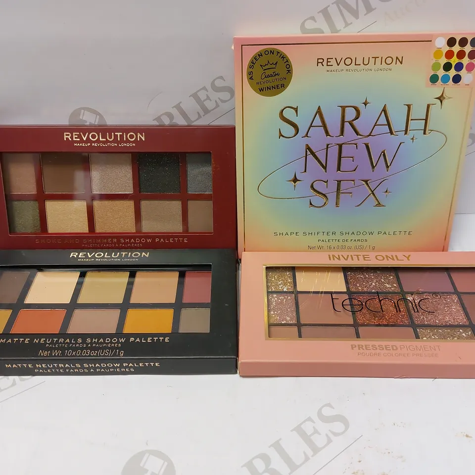 LOT OF 4 ASSORTED MAKEUP PALETTES TO INCLUDE REVOLUTION SARAH NEW FX SHADOWS, SMOKE AND SHIMMER PALETTE, MATTE NEUTRALS, ETC