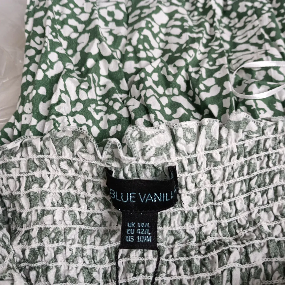 BLUE VANILLA SQUARE NECK SHORT PUFF SLEEVE DRESS – GREEN FLORAL, UK 12/L (EU 42/L, US 10/M)