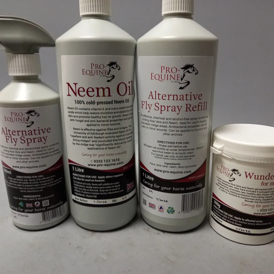 LOT OF 4 PRO-EQUINE HORSE CARE ITEMS TO INCLUDE ALTERNATIVE FLY SPRAY, WUNDER GEL AND NEEM OIL