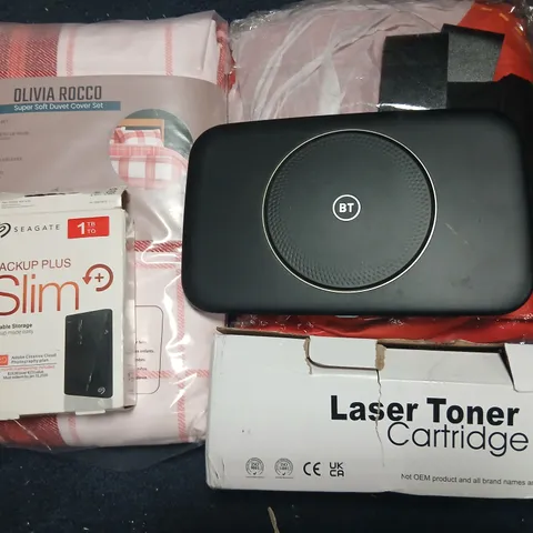 WHOLESALE LOT: OLIVIA ROCCO DUVET COVER SET, SEAGATE BACKUP PLUS SLIM 1TB, BT DEVICE & LASER TONER CARTRIDGE