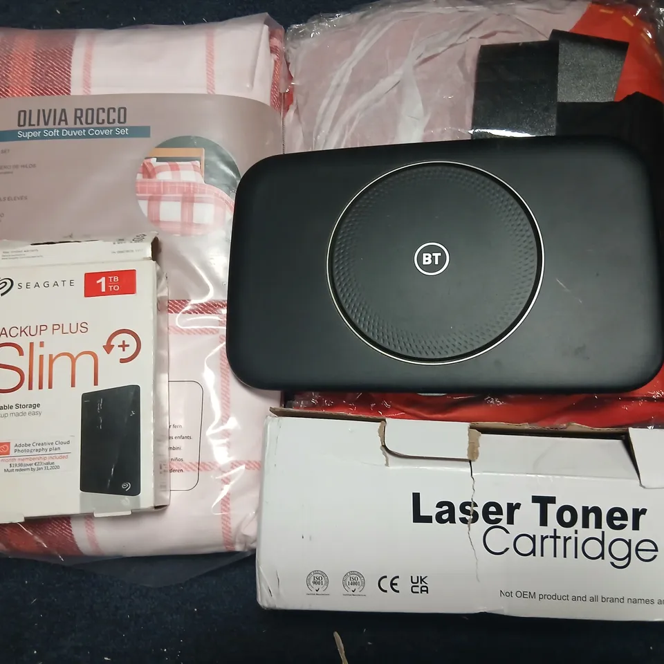 WHOLESALE LOT: OLIVIA ROCCO DUVET COVER SET, SEAGATE BACKUP PLUS SLIM 1TB, BT DEVICE & LASER TONER CARTRIDGE