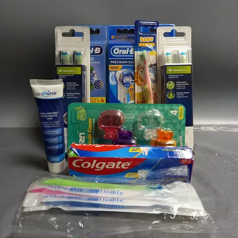 LOT OF 10 ASSORTED HEALTH AND BEAUTY PRODUCTS TO INCLUDE ORAL B PRECISION CLEAN REPLACEMENT BRUSH HEADS, ORANURSE UNFLAVOURED TOOTHPASTE (50ML), COLGATE MAXIMUM CAVITY PROTECTION TOOTHPASTE (75ML), ET