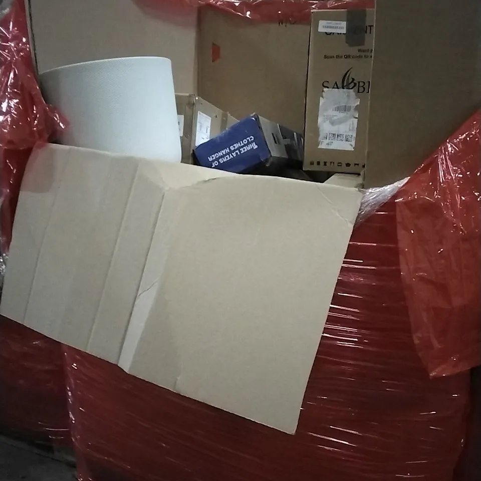 PALLET OF HOUSEHOLD ITEMS TO INCLUDE PLANT POT,GARMENT STEAMER,STAINLESS STEEL CLOTHES DRYER, RETRACTABLE BARRIER AND OTHER ASSORTED ITEMS...