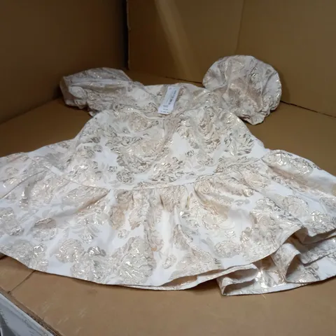 MISS SELFRIDGE WHITE/GOLD DETAILED PUFF SLEEVE TIERED SHIFT DRESS - SIZE 12