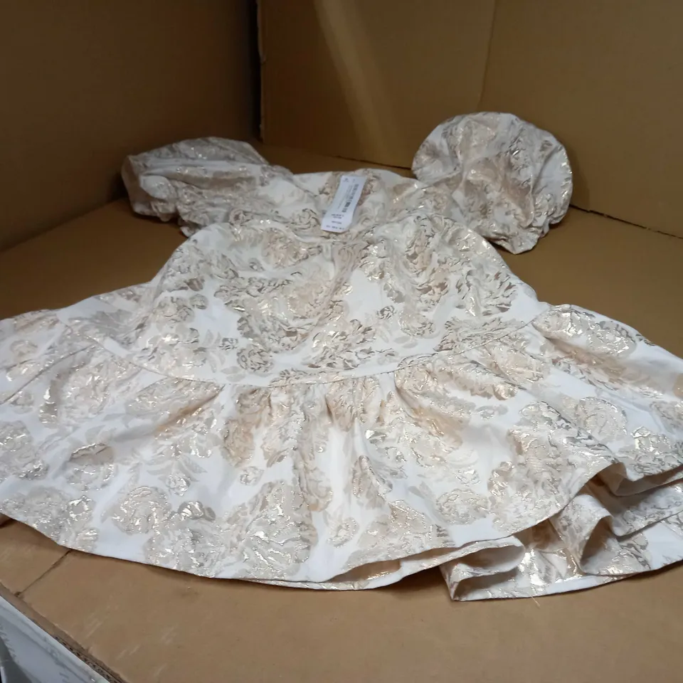 MISS SELFRIDGE WHITE/GOLD DETAILED PUFF SLEEVE TIERED SHIFT DRESS - SIZE 12