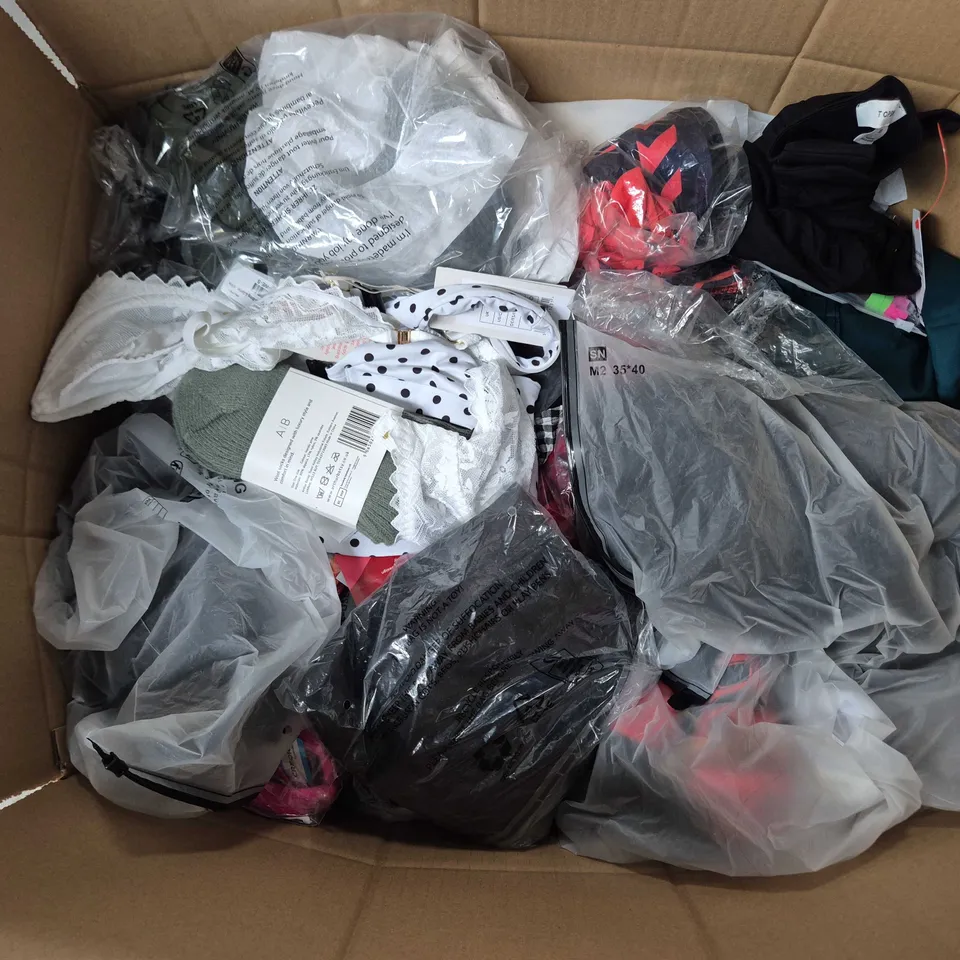 LARGE BOX OF APPROXIMATELY 20 ASSORTED CLOTHING ITEMS IN VARIOUS SIZES, STYLES AND COLOURS