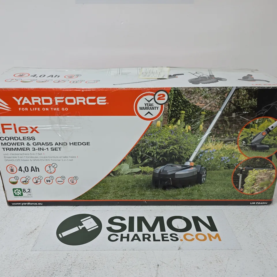 YARD FORCE IFLEX CORDLESS MOWER & GRASS & HEDGE TRIMMER 3-IN-1 SET – BOXED
