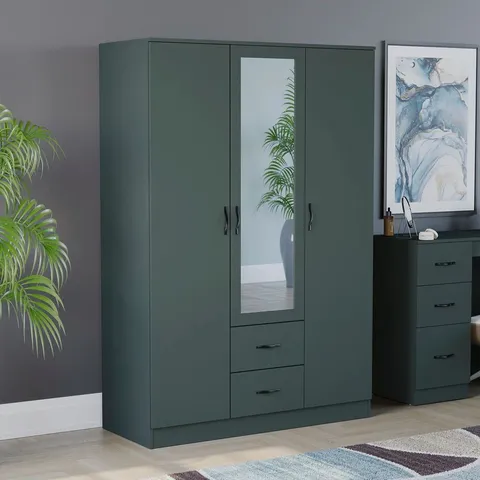 BOXED MAYBERY 3 DOOR 2 DRAWER MIRRORED WARDROBE, WITH SHELF & HANGING RAIL - GREEN (3 BOXES)
