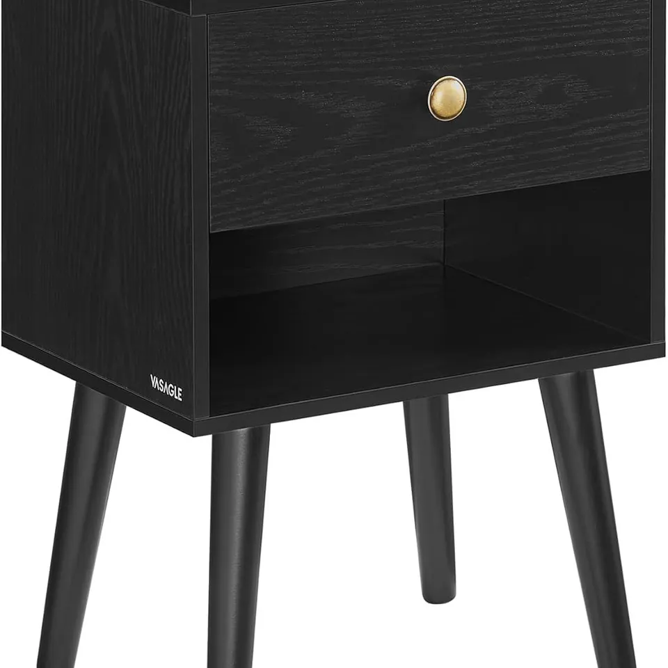 BOXED VASAGLE LET655W01 BEDSIDE TABLE WITH DRAWER AND OPEN COMPARTMENT, WOODEN LEGS, FOR LIVING ROOM, BEDROOM, SOFA, SNOW WHITE