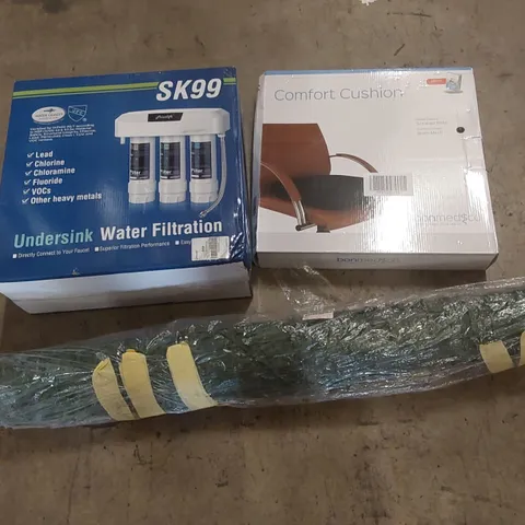 PALLET OF ASSORTED HOUSEHOLD GOODS AND PRODUCTS TO INCLUDE; UNDERSINK WATER FILTRATION, GARDEN DECOR, SEAT CUSHION ETC