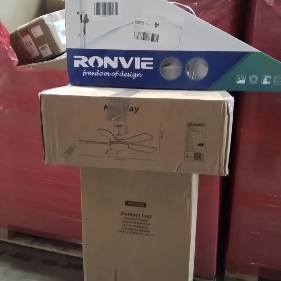 PALLET CONTAINING VARIOUS ASSORTED BOXED HOUSEHOLD ITEMS TO INCLUDE: AIR COOLER, LARGE SHOWER HEAD SYSTEM, OUTDOOR WAGON, CIELING FAN AND LOTS MORE UNMARKED BOXED ITEMS 