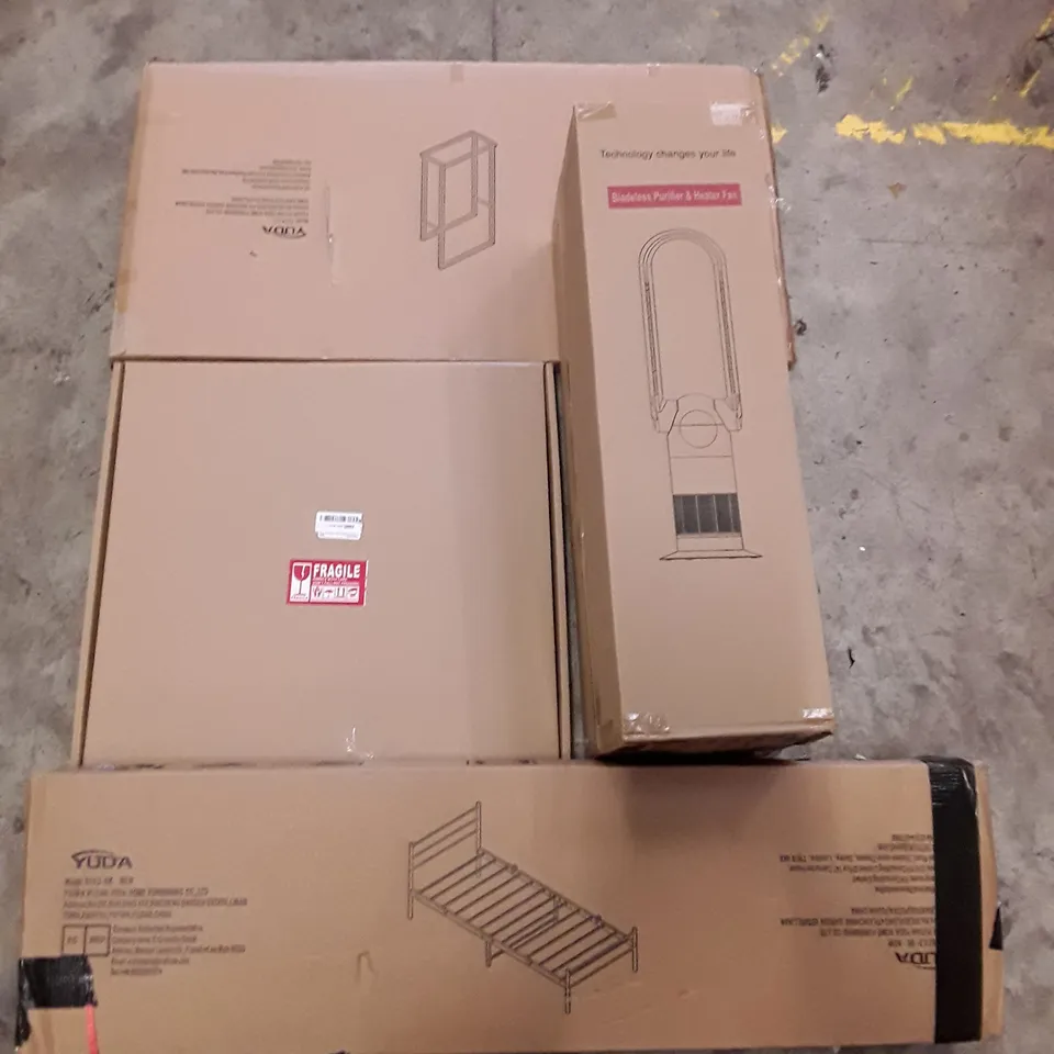 PALLET OF ASSORTED PRODUCTS INCLUDING BLADELESS PURIFIER & HEATER FAN, BED FRAME, WALL MIRROR, METAL TOWEL RACK, OFFICE CHAIR
