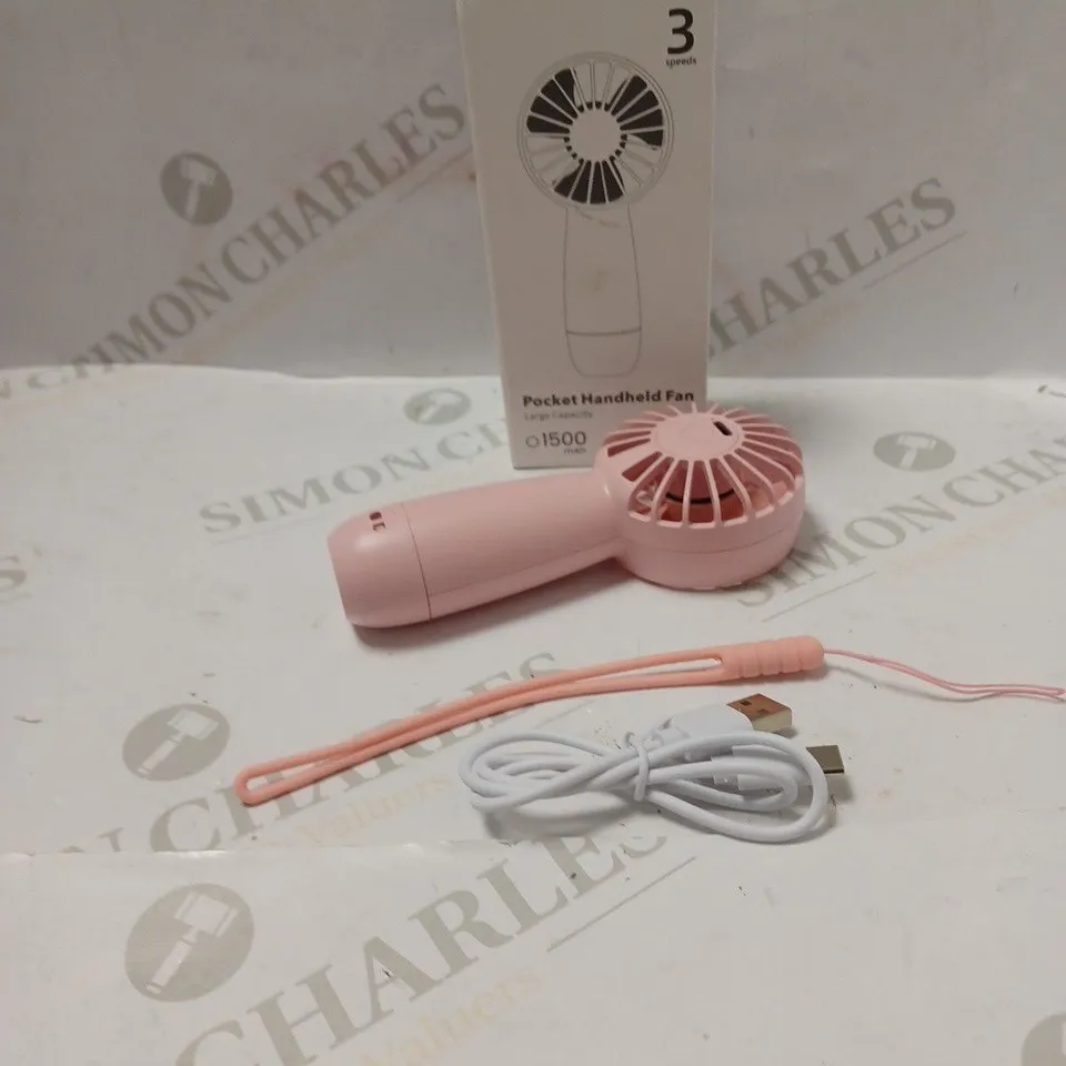 BOXED POCKET BATTERY POWERED HANDHELD FAN WITH USB CABLE AND WRIST STRAP - pink
