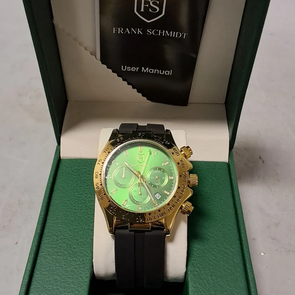 FRANK SCHMIDT STAINLESS STEEL GREEN FACED CHRONOGRAPH WATCH WITH BLACK RUBBER STRAP