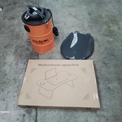 PALLET OF ASSORTED HOUSEHOLD GOODS AND PRODUCTS TO INCLUDE; ASH VACUUM, TOILET SEAT, LAPTOP TRAY, BOXED FURNITURE ETC