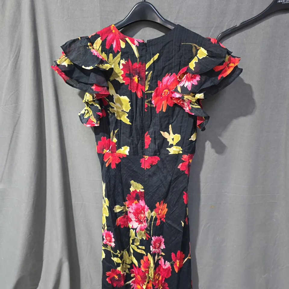 NOBODY'S CHILD FLORAL MAXI DRESS – BLACK WITH RED, PINK & YELLOW FLOWERS, UK 12