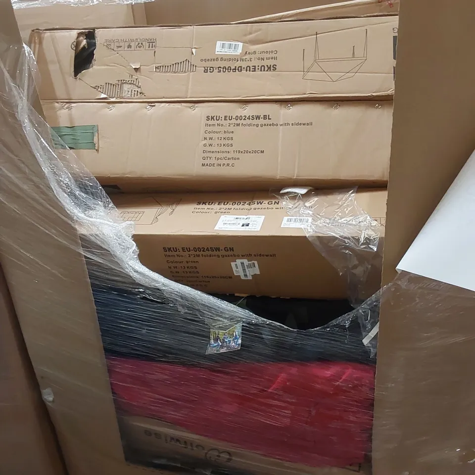 PALLET OF ASSORTED HOUSEHOLD ITEMS AND CONSUMER PRODUCTS TO INCLUDE; SEVERAL FOLDING GAZEBOS WITH SIDEWALLS, CAMPING CHAIRS, BOXED FURNITURE ETC 