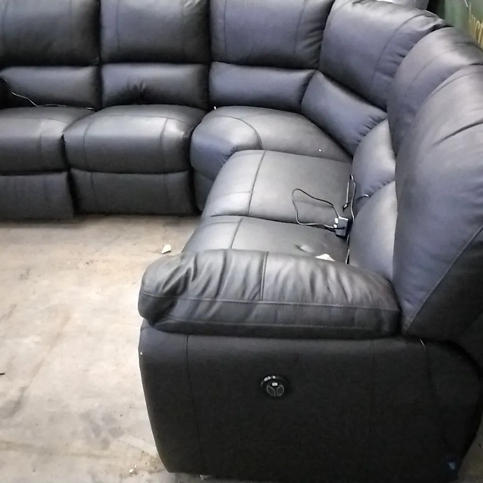 QUALITY BRITISH DESIGNER LEIGHTON POWER RECLINER CORNER GROUP SOFA - BLACK LEATHER 