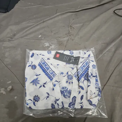COTTON TRADERS PRINTED COTTON TOP – BLUE FLORAL, UK 14