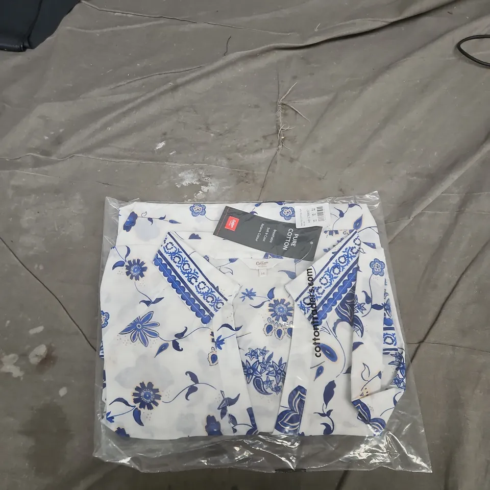 COTTON TRADERS PRINTED COTTON TOP – BLUE FLORAL, UK 14