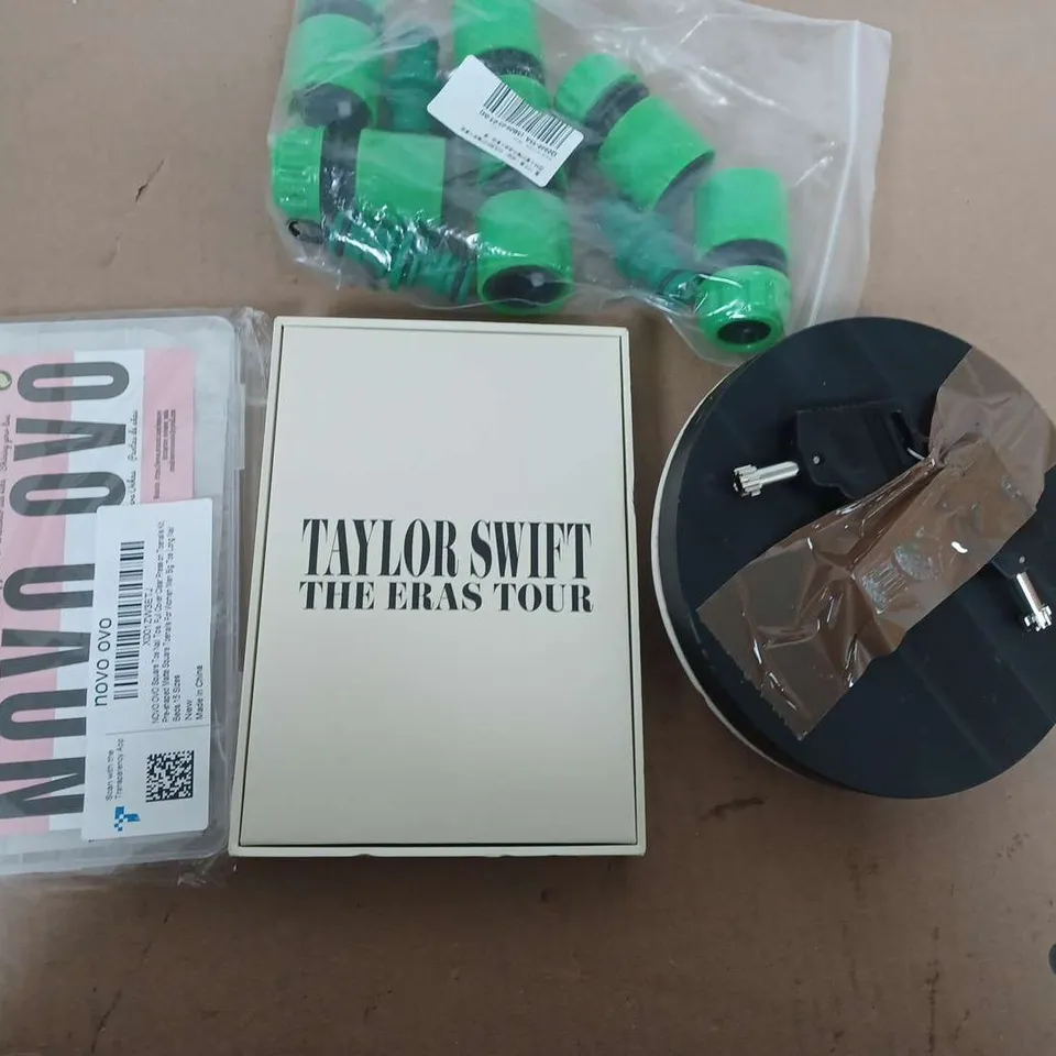 BOX OF ASSORTED HOUSE HOLD ITEMS TO INCLUDE - HOSE PIPE ATTACHMENTS - TAYLOR SWIFT THE ERAS TOUR - NOVO OVO