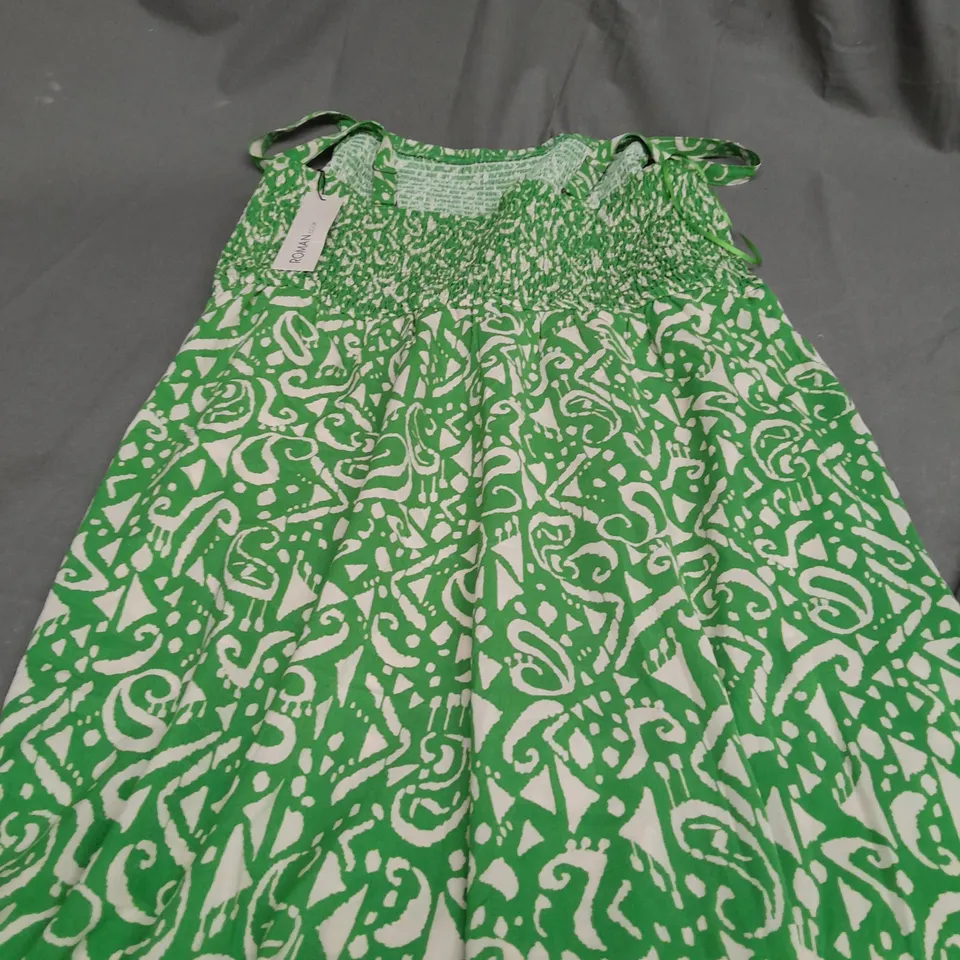 ROMAN AZTEC SHIRRED JUMPSUIT IN GREEN - SIZE 16
