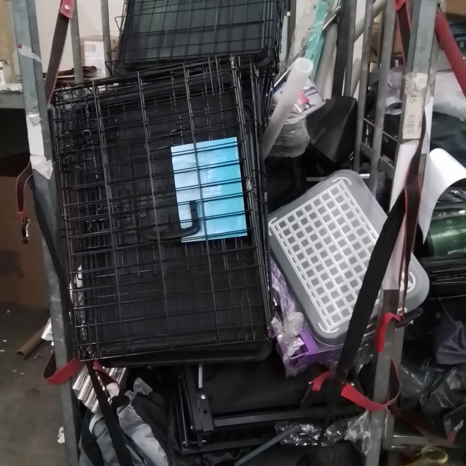 CAGE OF ASSORTED HOUSEHOLD GOODS AND PRODUCTS TO INCLUDE;DOG CAGE,DOG BED,YOGA MAT 